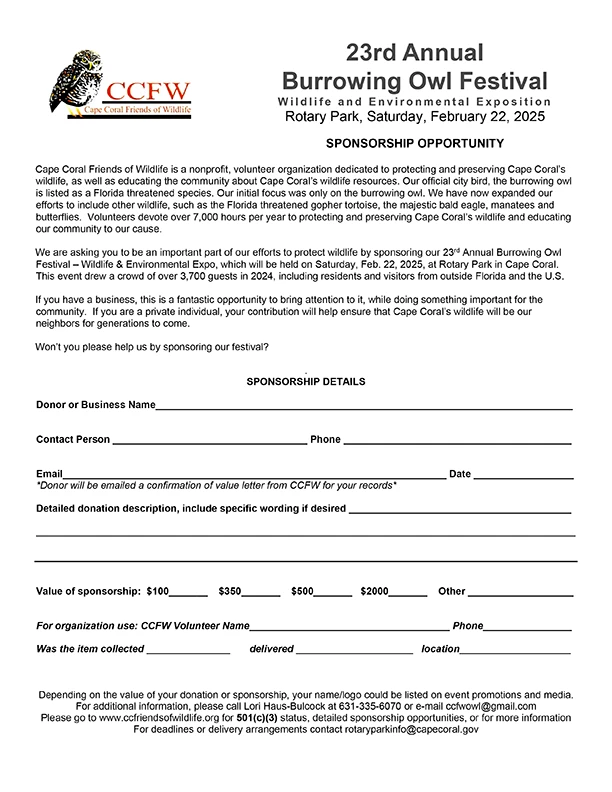 A sponsorship form for the 2025 Burrowing Owl Festival