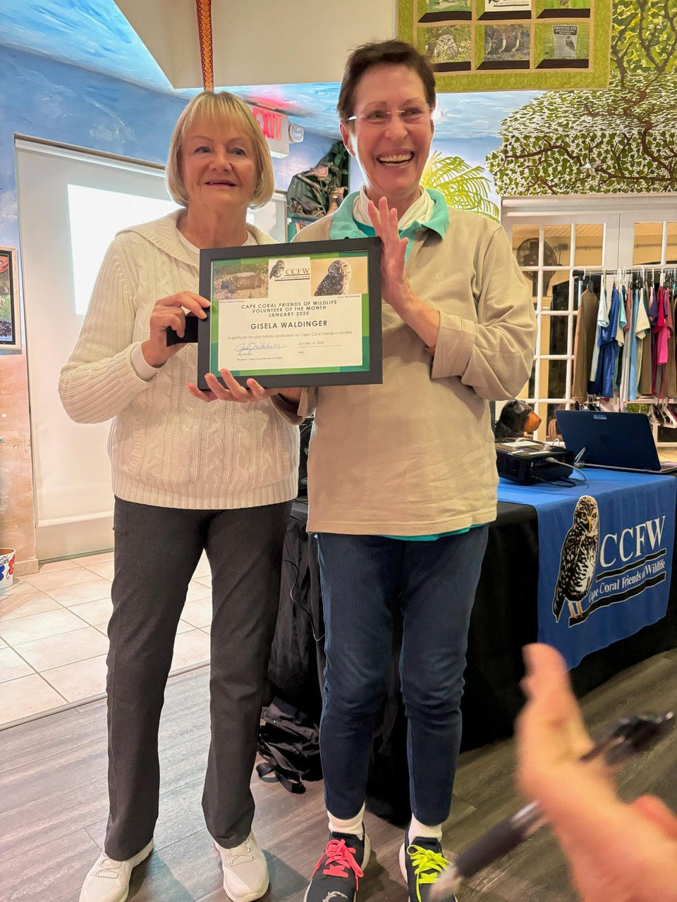 Please congratulate Gisela Waldinger as our January Volunteer of the Month! Gisela has worked tirelessly as a reliable Friends of Wildlife volunteer for many years doing her part to protect burrowing owls and gopher tortoises and to maintain their burrows. She is currently working on the Gopher Tortoise project and is a whiz at researching and formulating ideas. And as Gigi’s assistant, she helps provide refreshments and conversation to our members at each meeting. All this, plus she volunteers at the food bank every week. Thank you Gisela! 🩷